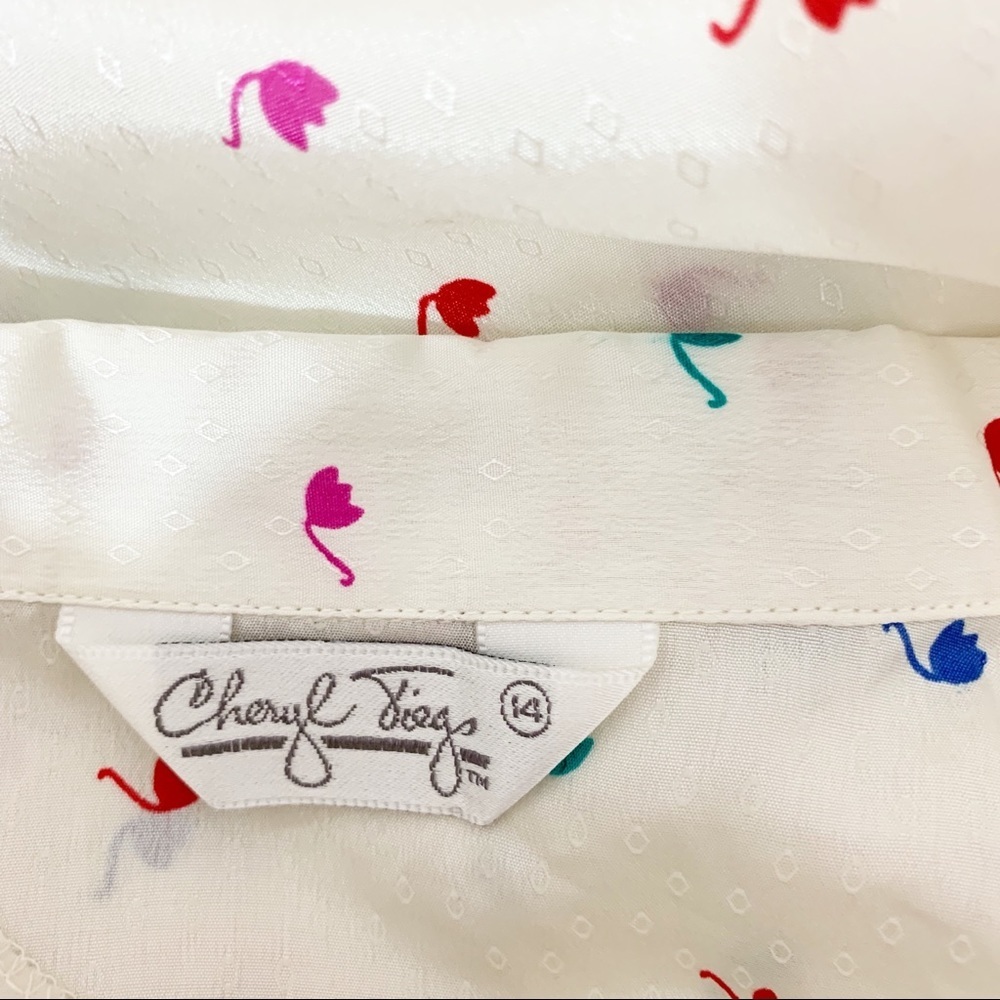 Vintage 1980s Cheryl Tiegs White Blouse Rainbow Flowers Tulips Long Sleeve - Picture 7 of 8